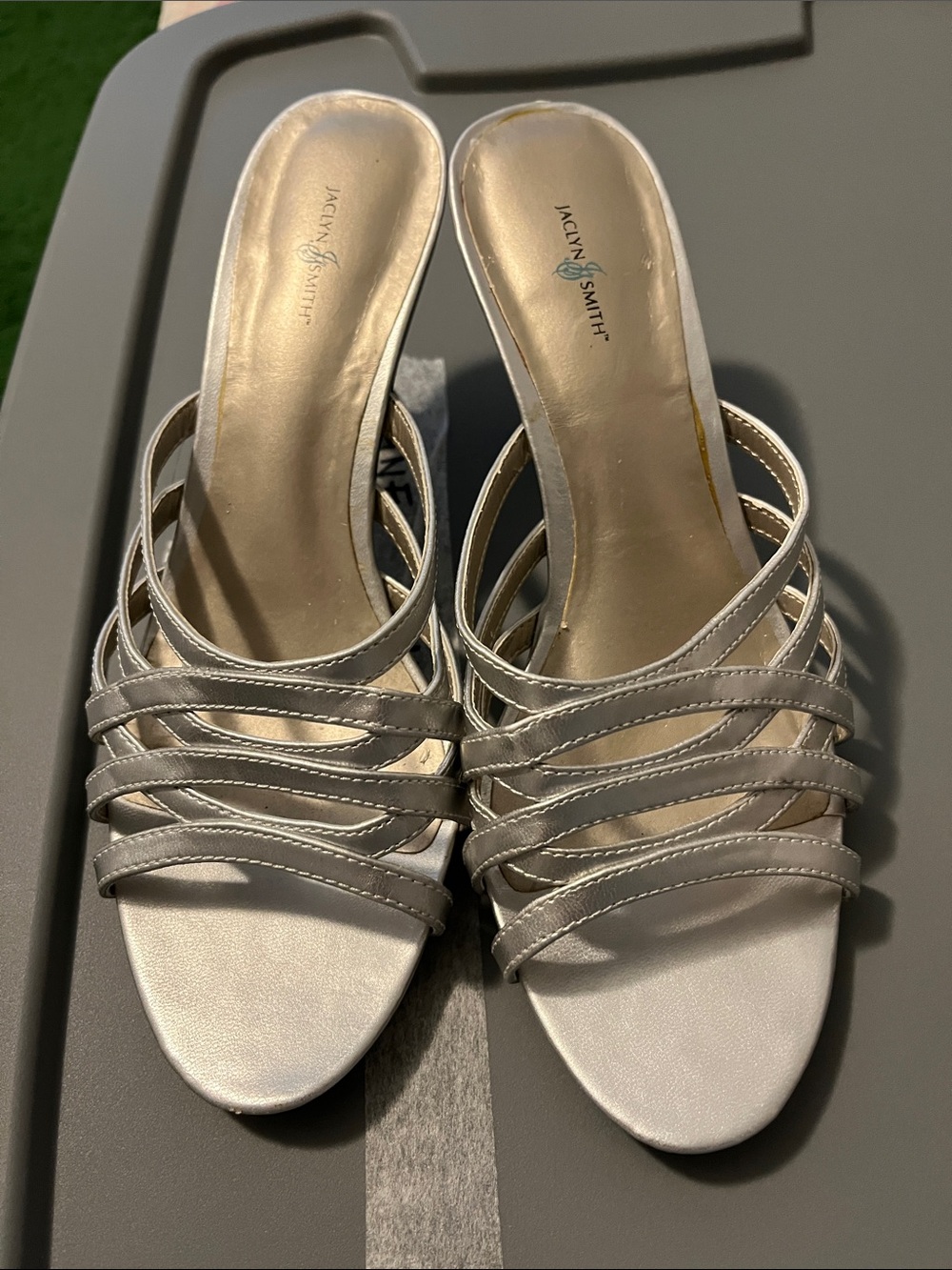 Jaclyn Smith Metallic Silver Multi-Strap Slide Mules